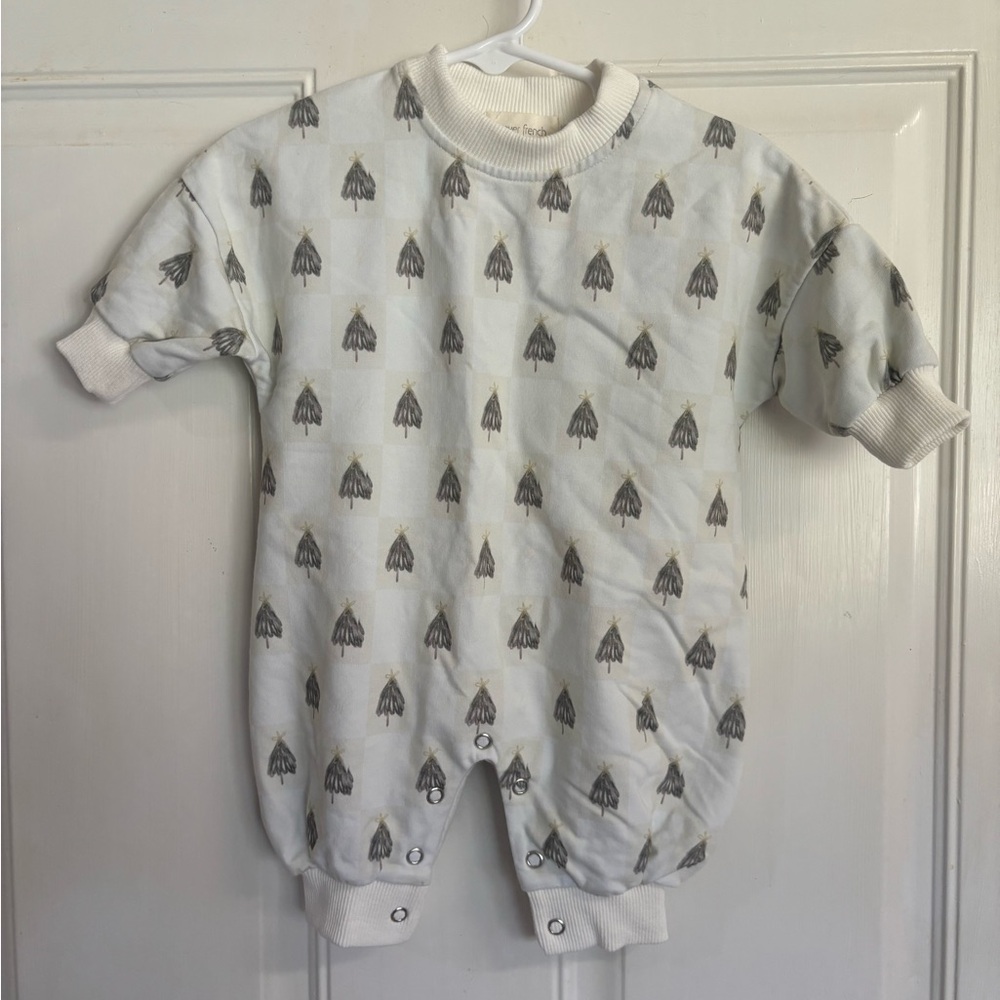 NB Forever French Cream/Green Trees long sleeve long Romper.  In EUC!
